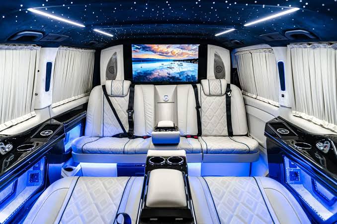 Mercedes V-Class VIP interior with leather seats and ambient lighting